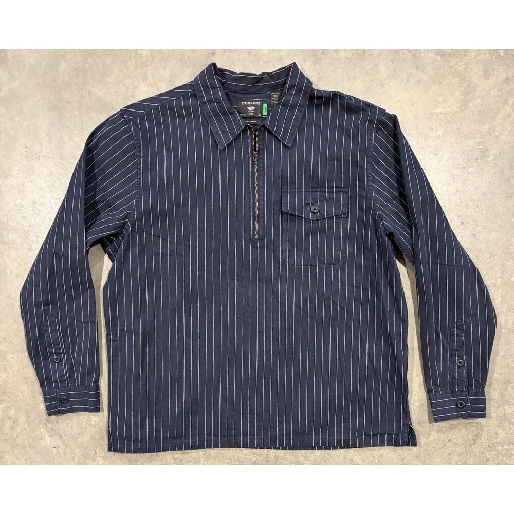 VTG Dockers 1/2 Zip Pullover Shirt Mens Large Blue White Hickory Stripe Railroad